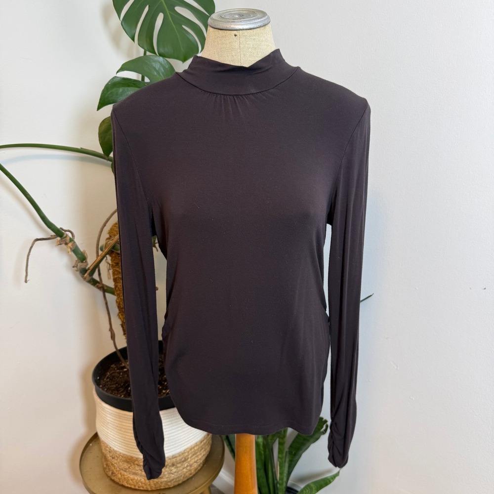 Tribal Mock Neck Ruched‎ Long Sleeve Top Women Medium Black Stretch Rayon Blend